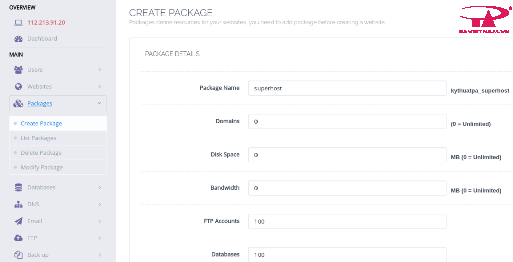 cyberpanel create packages