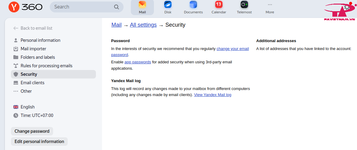 Cấu hình cần thiết để chuyển dữ liệu mail từ Yandex về hệ thống Email tại P.A Việt Nam